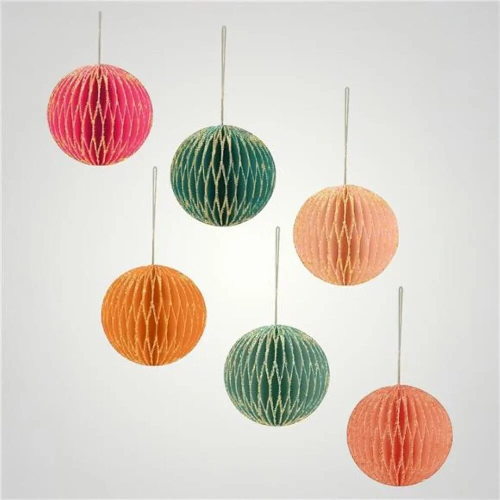 NEW West Elm 6 Piece Boho Glitter Paper Christmas Tree Ornaments Set Decor - 3